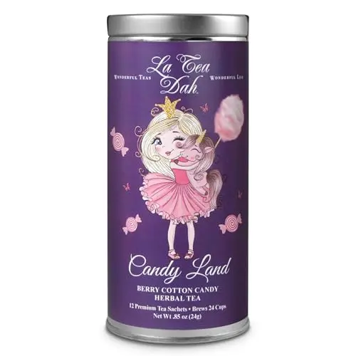 La Tea Dah Berry Cotton Candy tea tin with candy land graphics