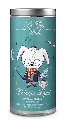 La Tea Dah Serene Herbal tea tin with wizard graphics