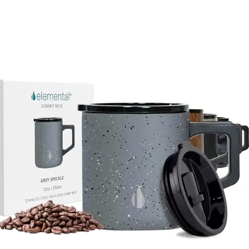 Elemental Summit 12oz grey speckle insulated travel mug with handle and lid