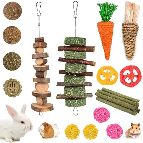 Grddaef 20-piece rabbit chew toy set with apple wood sticks, grass balls, and loofah toys