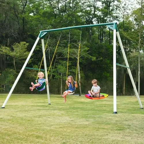 Hapfan tall white metal swing set with a large round saucer swing and two belt swings