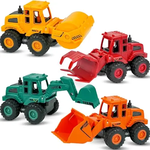 Set of four colorful friction-powered construction truck toys