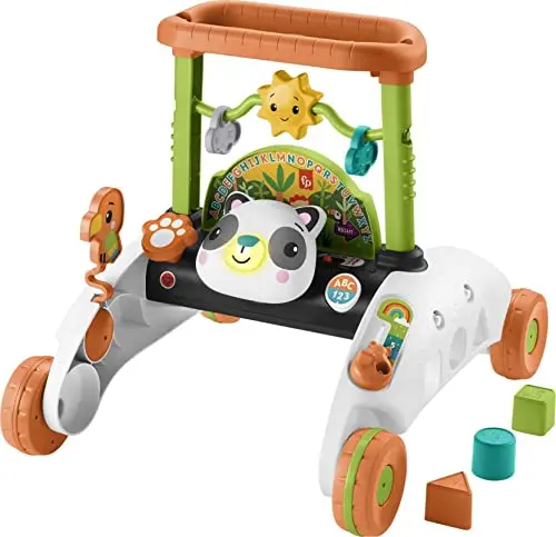 Fisher-Price two-sided panda-themed walker with shape sorter and blocks