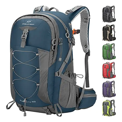 Maelstrom 40L blue hiking backpack with multiple compartments and rain cover