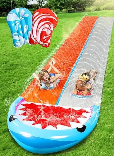 SLOOSH 22.5 foot double lane shark design water slide with boards