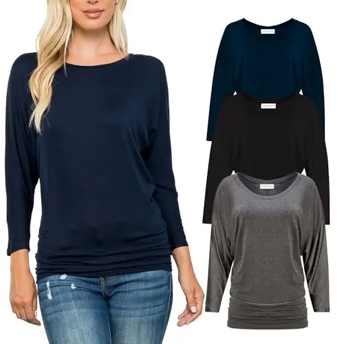Free to Live 3 Pack Dolman 3/4 Sleeve Tops in assorted colors