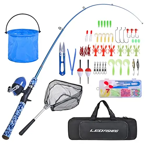 LEOFISHING blue kids fishing kit with telescopic rod, net, and folding bucket