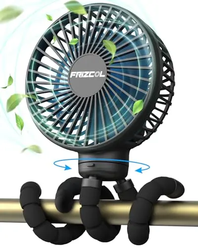 Upgraded FRIZCOL stroller fan with a sponge and aluminum wire tripod, shown in a baby's crib.