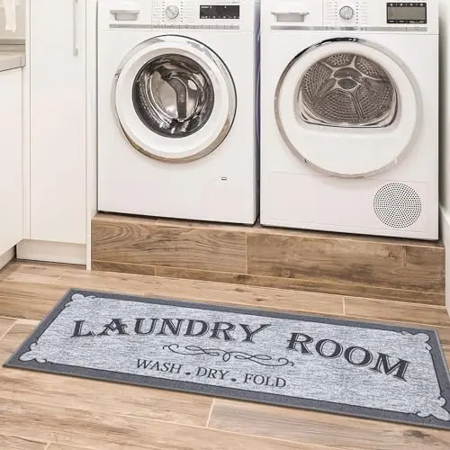 Ottomanson gray laundry-themed runner rug with text print