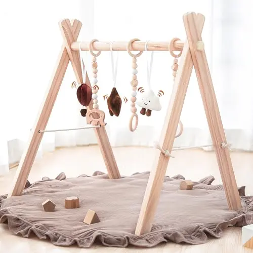 Razee Wooden Baby Play Gym Play Mat with foldable frame and hanging sensory toys