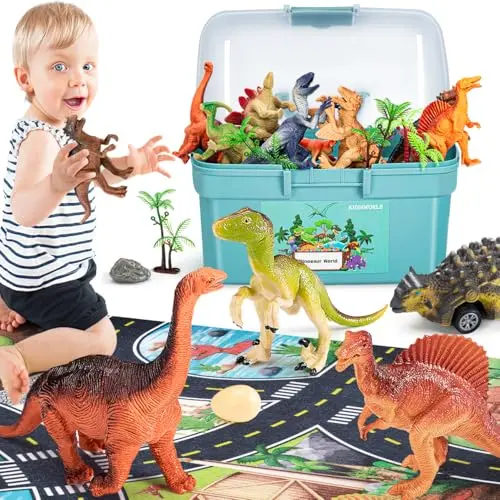 Kiddiworld Dinosaur Playset with figures, cars, and a colorful jungle mat