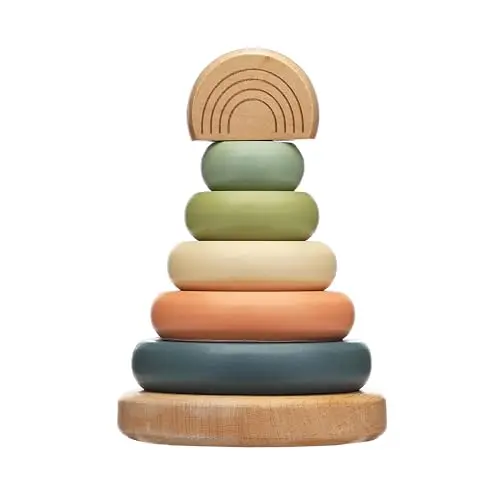 Wooden stacking toy with earth-tone rings and a rainbow topper on a base