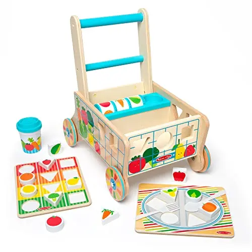 Wooden grocery cart push toy with shape sorter sides and chunky puzzle pieces