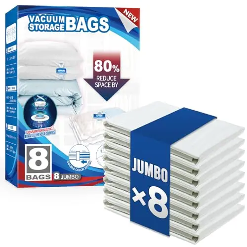 Eight large cream-colored rectangular vacuum storage bags