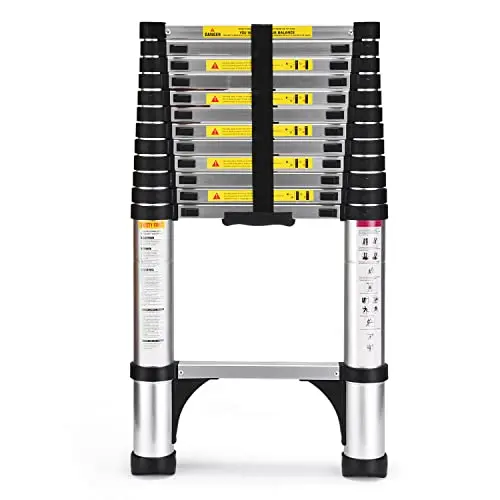SocTone silver telescoping ladder extended, showing its triangular stabilizers and compact rung design.
