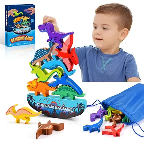 Colorful wooden dinosaur-shaped blocks for stacking and balance games