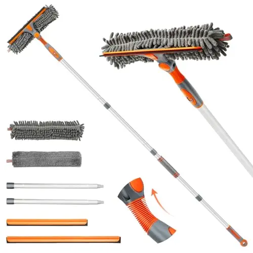 Eazer orange and gray window squeegee with rotatable head and extension pole