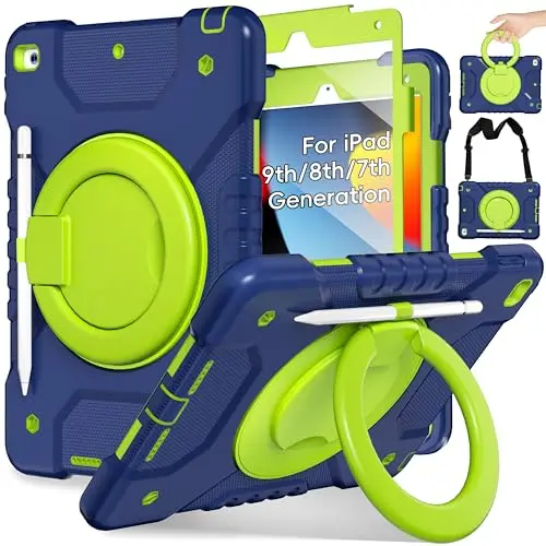 Andnary Navy and Green kids iPad case with 360 handle, shoulder strap, and pencil holder