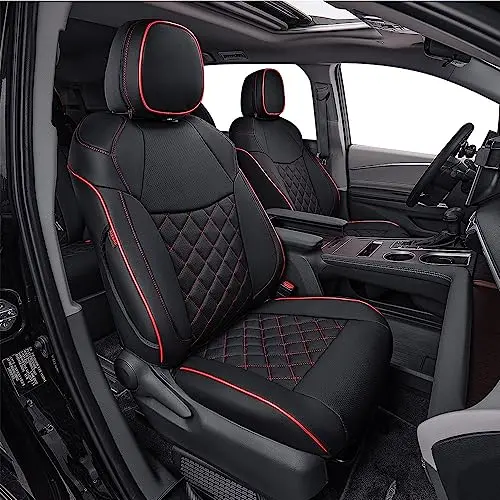 EKR Sienna seat covers in black with red piping, covering all three rows of a minivan with a sleek look.