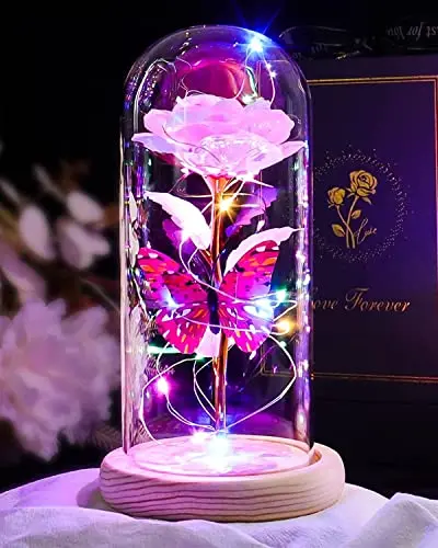Beferr light-up galaxy glass rose in a dome with LED lights and a butterfly