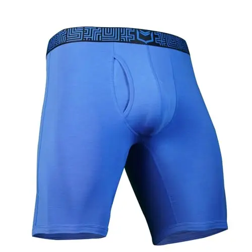 SHEATH V Modal Dual Pouch Boxer Briefs in blue and black with 8-inch inseam