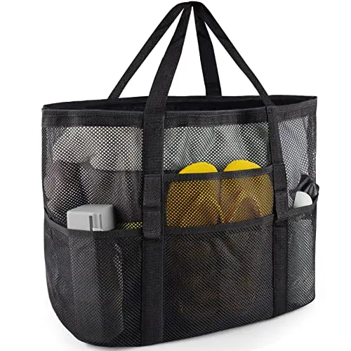SRISE Large Mesh Beach Tote Bag with multiple outer mesh pockets