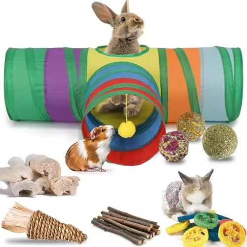 Mechpia rainbow-colored rabbit tunnel with chew toys attached and inside