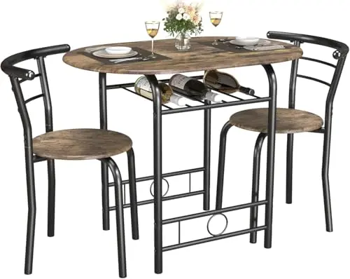 JUMMICO 3-piece round kitchen table set with black metal frame and built-in wine rack