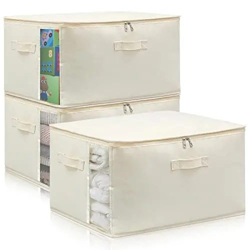 Three natural-colored canvas storage bags with clear side windows stacked