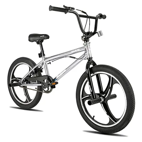 HH HILAND 20-inch silver BMX bike with unique 3-spoke and 5-spoke wheels