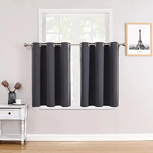 ChrisDowa Dark Grey Room Darkening Curtains on a small kitchen window