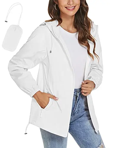TCOT Women's Waterproof Rain Jacket in White, showing a simple, casual hooded jacket.