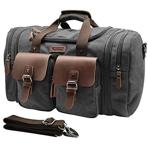 Wildroad vintage style canvas and leather duffel bag with expandable sides