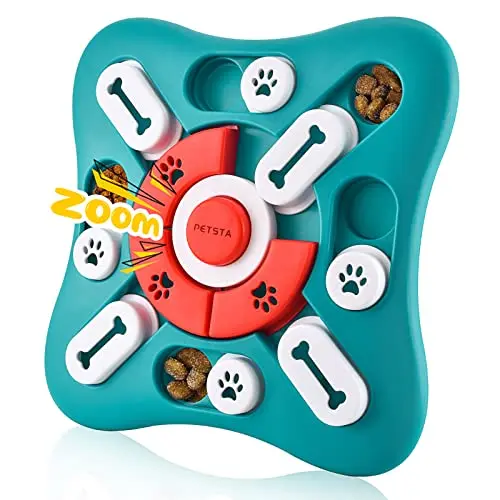 Green round interactive dog puzzle toy with sliders and holes
