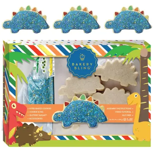 Bakery Bling Dinosaur Cookie Decorating Kit with pre-baked dino cookies and edible decorations