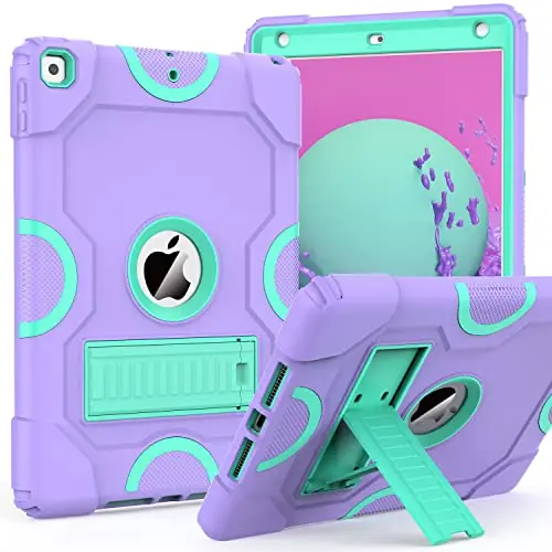 ZoneFoker Purple and Green rugged kids iPad case with slide-out kickstand