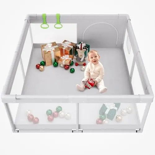 Fodoss square baby playpen with mesh sides and storage pocket