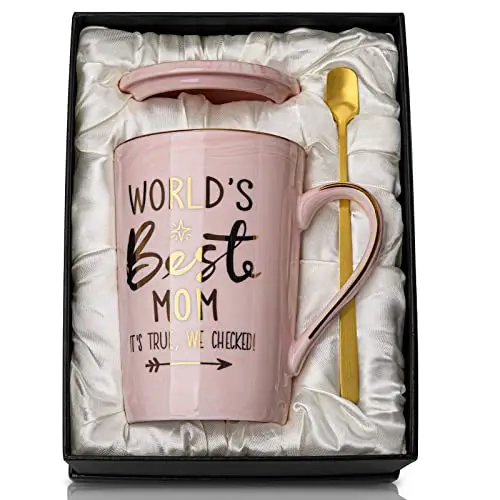 ALBISS pink marble coffee mug with gold print, lid, spoon, and greeting card in a gift box