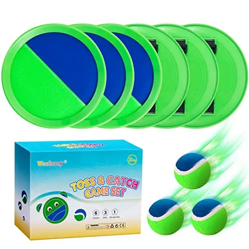 Colorful toss and catch ball game set with six paddles and three balls for kids