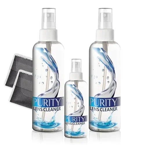 Purity Lens Cleaner spray bottles and yellow microfiber cloths kit