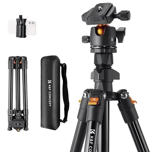 K&F CONCEPT 64-inch aluminum travel tripod with orange accents