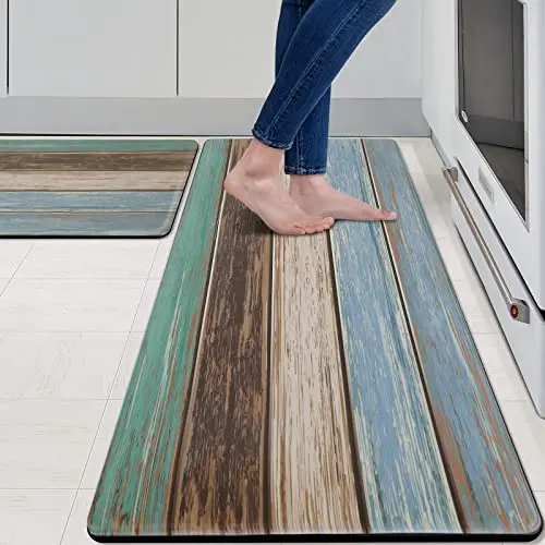 MAYHMYO teal farmhouse style anti-fatigue kitchen mats on a wooden floor