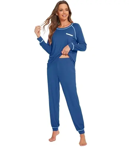 WiWi women's long sleeve pajama set with jogger pants in prussian blue