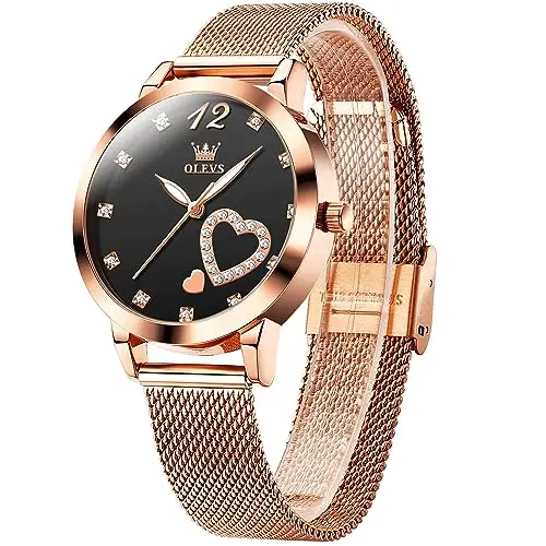 OLEVS rose gold women's watch with black dial and diamond heart