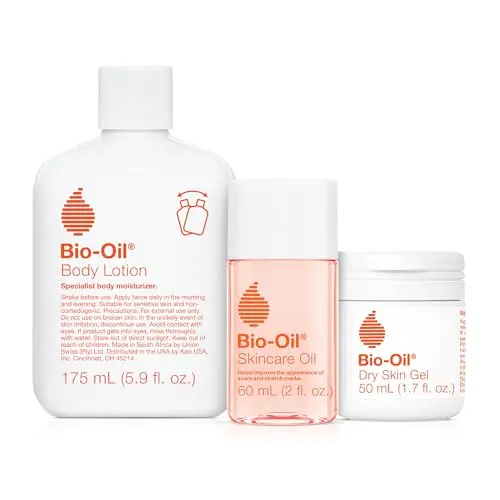 Bio-Oil Skincare Set for Scars and Stretch Marks, a 3-piece travel kit with oil, gel, and lotion