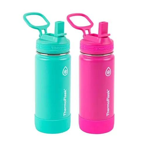 ThermoFlask Kids Bottle 2-pack in Aquamarine and Storm Pink colors with straw lids