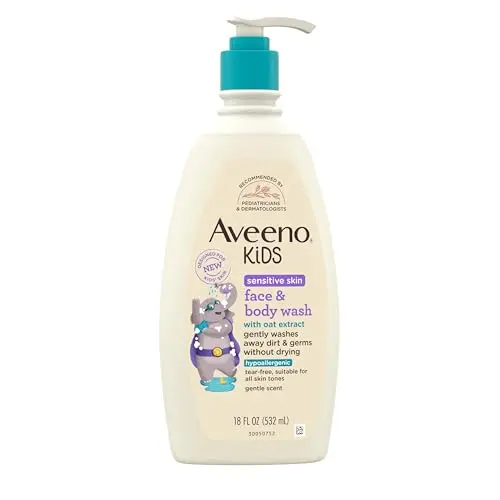 Aveeno Kids Sensitive Skin Face and Body Wash bottle with blue label