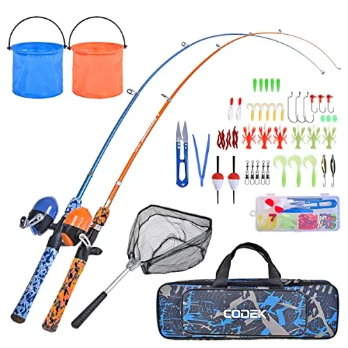 CODEK 2 set kids fishing pole combo in blue and orange with tackle box