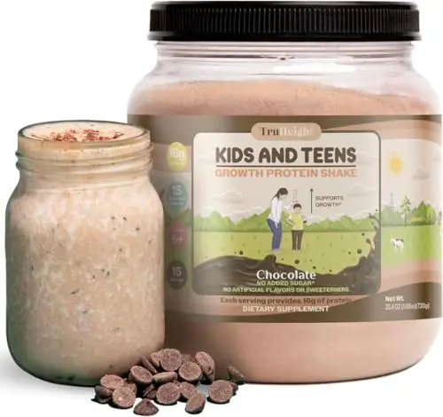 Tub of TruHeight Chocolate Milk growth protein powder for kids