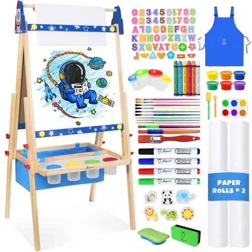 Joyooss blue accessory bag kids art easel with magnetic boards and paper rolls